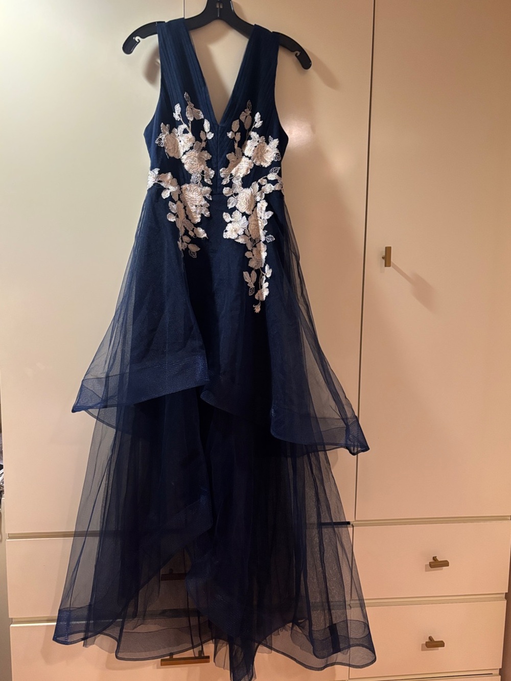 BCBGMaxAzria Navy Blue High-Low Tulle Dress with Cream Floral Appliqué